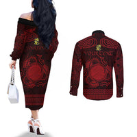 Personalized Brecknockshire Sir Frycheiniog Couples Matching Off The Shoulder Long Sleeve Dress and Long Sleeve Button Shirt Red Brecon Beacons Mountain Celtic-inspired - Wonder Print Shop
