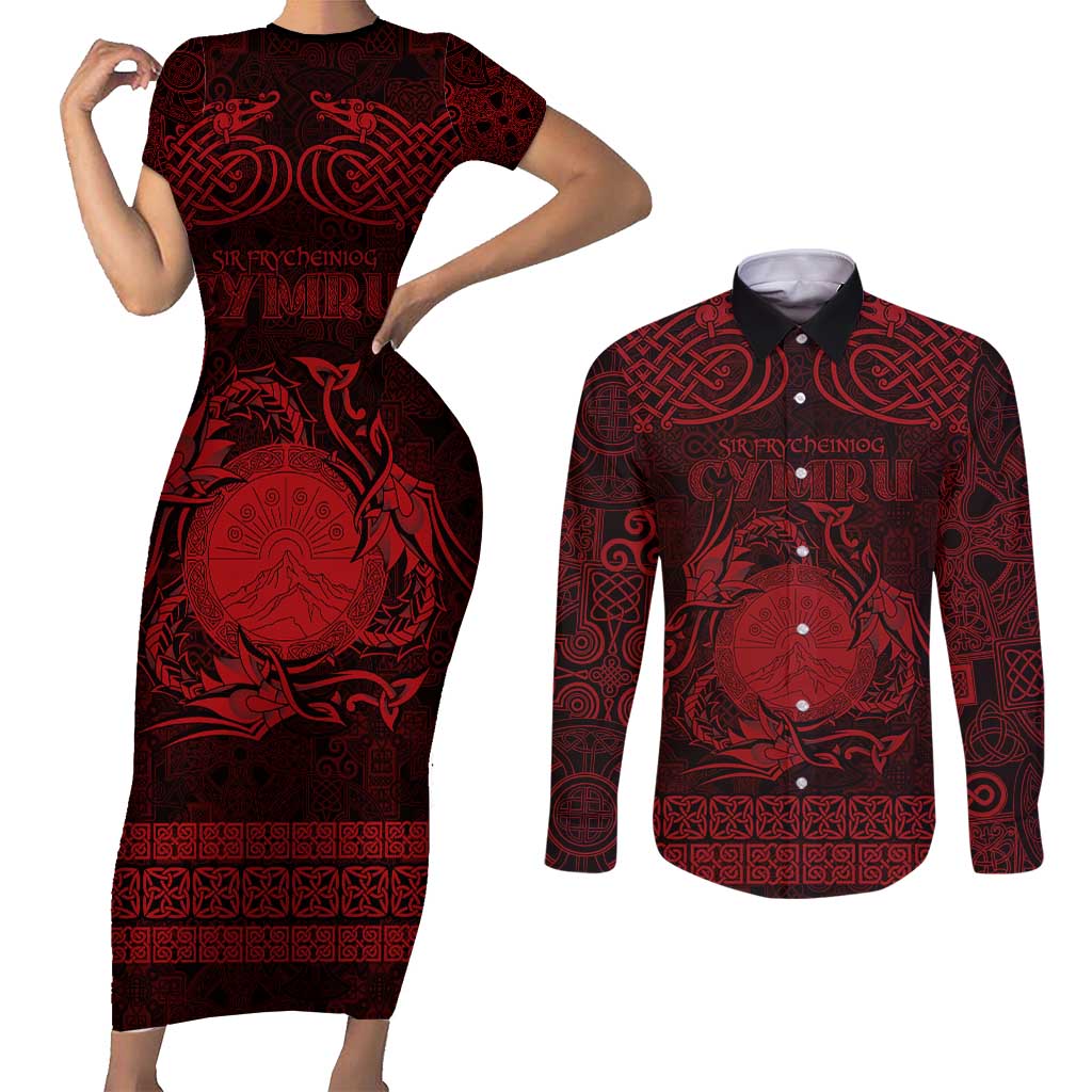 Personalized Brecknockshire Sir Frycheiniog Couples Matching Short Sleeve Bodycon Dress and Long Sleeve Button Shirt Red Brecon Beacons Mountain Celtic-inspired - Wonder Print Shop
