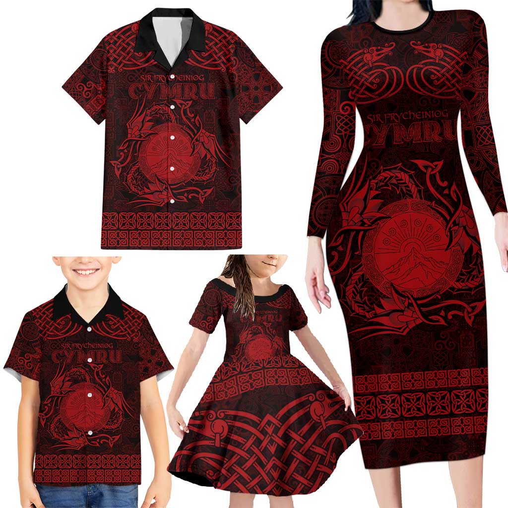 Personalized Brecknockshire Sir Frycheiniog Family Matching Long Sleeve Bodycon Dress and Hawaiian Shirt Red Brecon Beacons Mountain Celtic-inspired - Wonder Print Shop