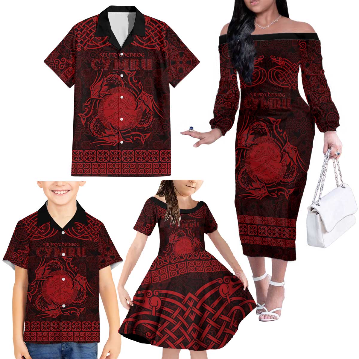 Personalized Brecknockshire Sir Frycheiniog Family Matching Off The Shoulder Long Sleeve Dress and Hawaiian Shirt Red Brecon Beacons Mountain Celtic-inspired - Wonder Print Shop