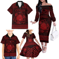Personalized Brecknockshire Sir Frycheiniog Family Matching Off The Shoulder Long Sleeve Dress and Hawaiian Shirt Red Brecon Beacons Mountain Celtic-inspired - Wonder Print Shop