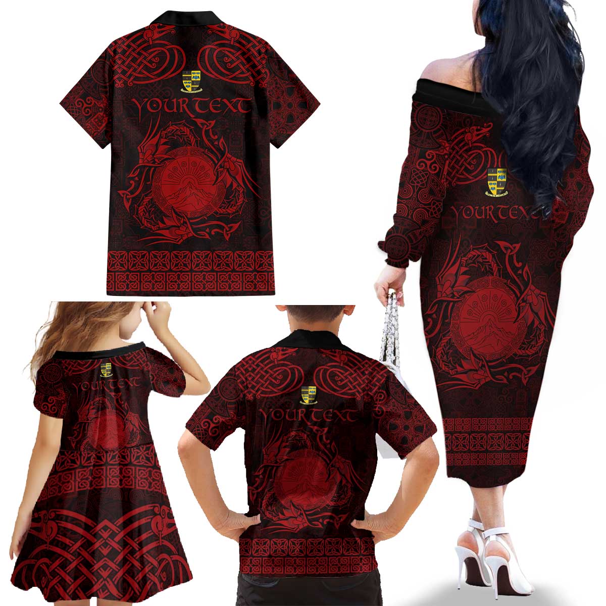 Personalized Brecknockshire Sir Frycheiniog Family Matching Off The Shoulder Long Sleeve Dress and Hawaiian Shirt Red Brecon Beacons Mountain Celtic-inspired - Wonder Print Shop