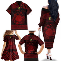 Personalized Brecknockshire Sir Frycheiniog Family Matching Off The Shoulder Long Sleeve Dress and Hawaiian Shirt Red Brecon Beacons Mountain Celtic-inspired - Wonder Print Shop