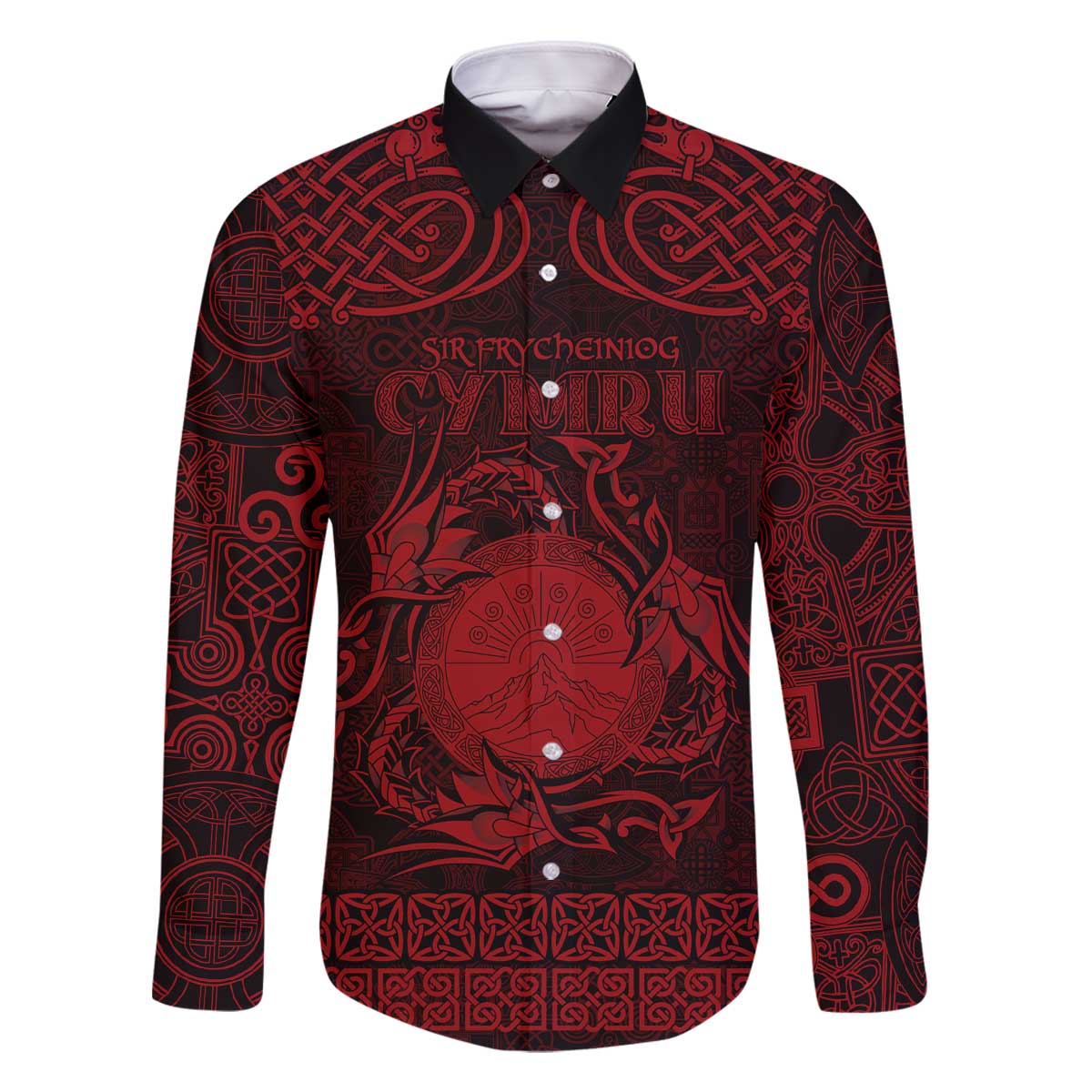 Personalized Brecknockshire Sir Frycheiniog Family Matching Off The Shoulder Long Sleeve Dress and Hawaiian Shirt Red Brecon Beacons Mountain Celtic-inspired - Wonder Print Shop