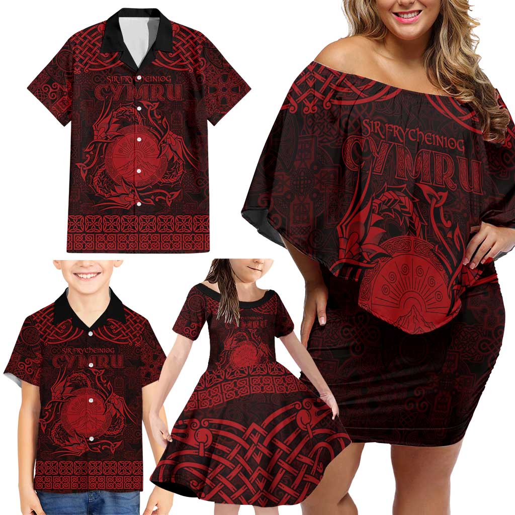 Personalized Brecknockshire Sir Frycheiniog Family Matching Off Shoulder Short Dress and Hawaiian Shirt Red Brecon Beacons Mountain Celtic-inspired - Wonder Print Shop