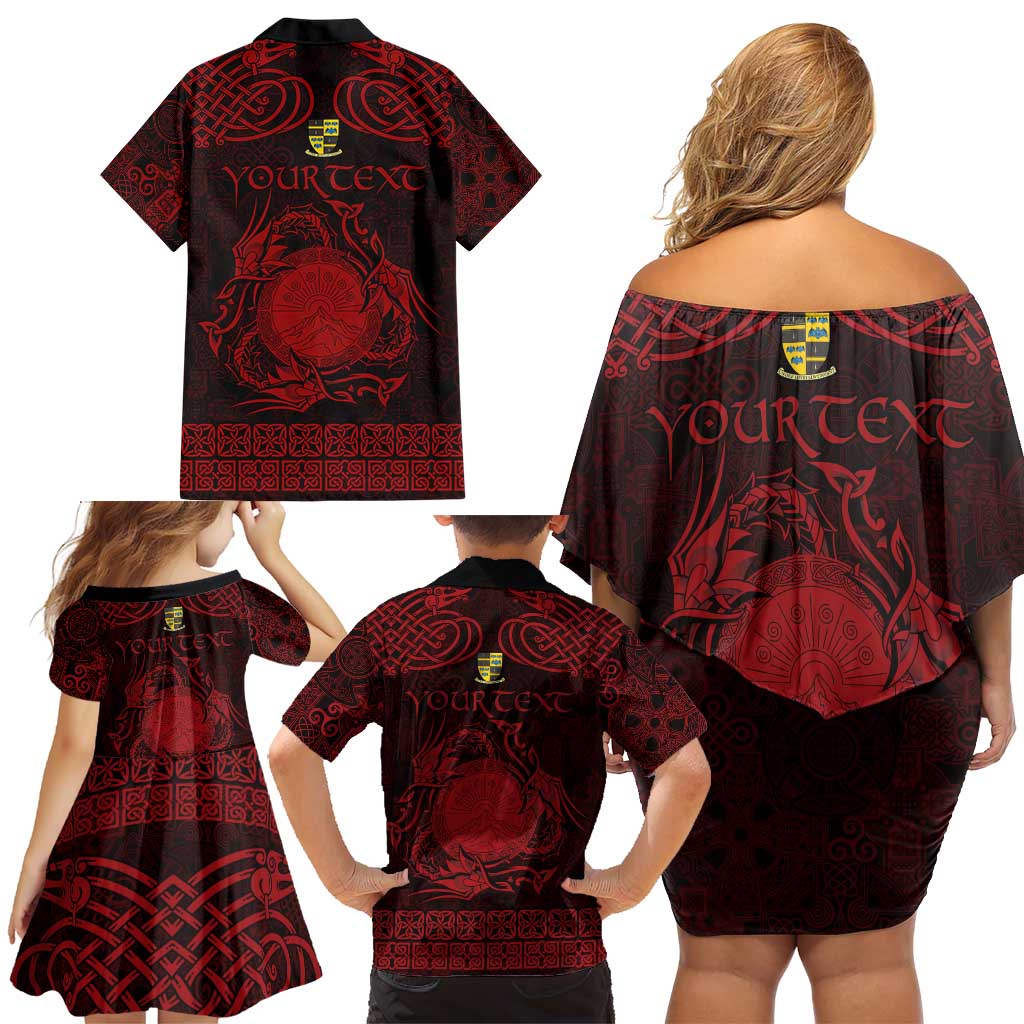Personalized Brecknockshire Sir Frycheiniog Family Matching Off Shoulder Short Dress and Hawaiian Shirt Red Brecon Beacons Mountain Celtic-inspired - Wonder Print Shop