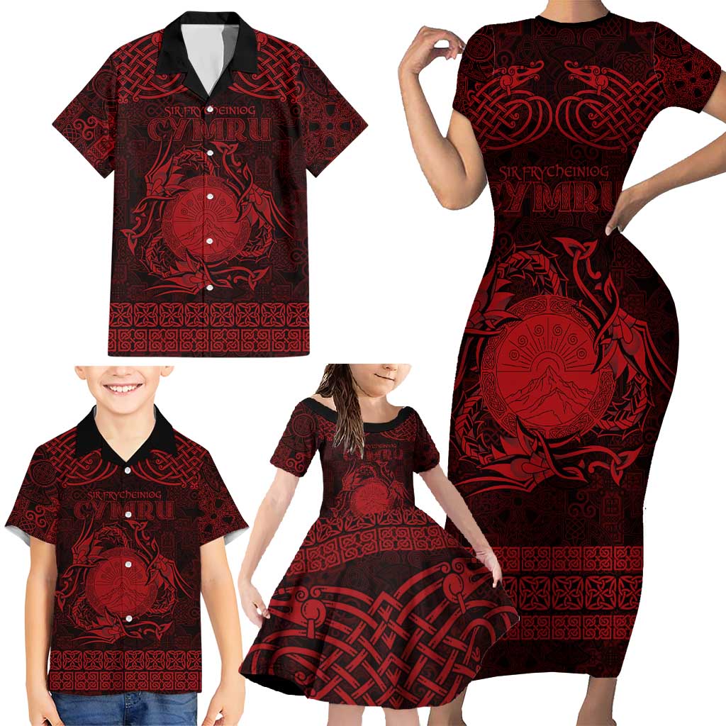 Personalized Brecknockshire Sir Frycheiniog Family Matching Short Sleeve Bodycon Dress and Hawaiian Shirt Red Brecon Beacons Mountain Celtic-inspired - Wonder Print Shop