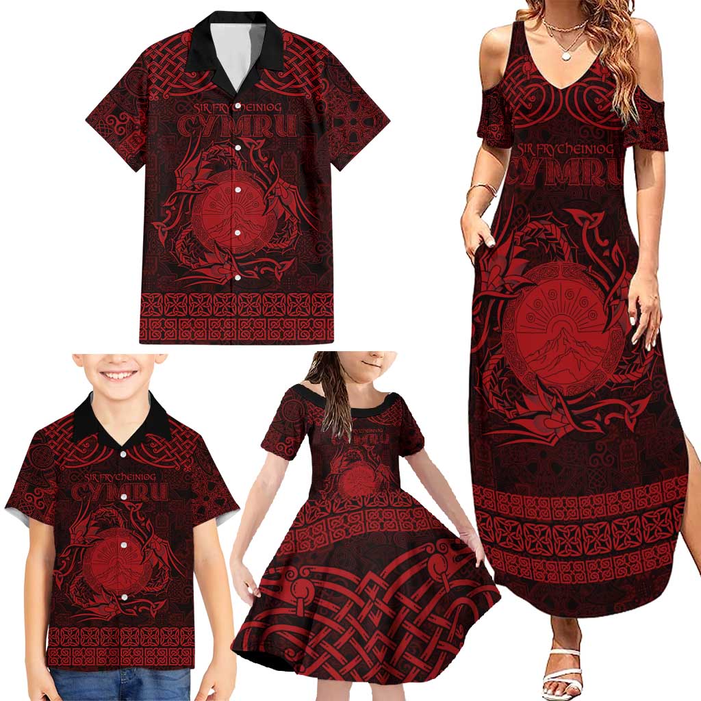 Personalized Brecknockshire Sir Frycheiniog Family Matching Summer Maxi Dress and Hawaiian Shirt Red Brecon Beacons Mountain Celtic-inspired - Wonder Print Shop