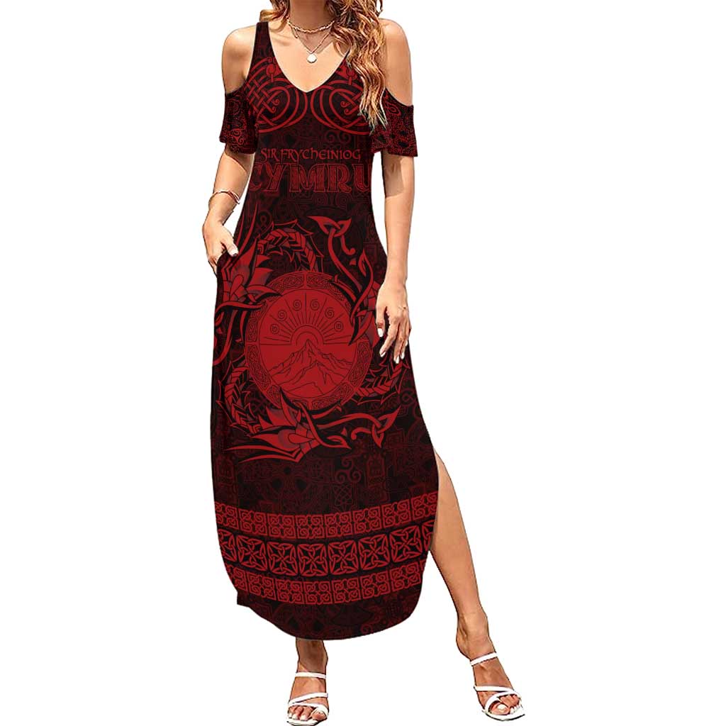 Personalized Brecknockshire Sir Frycheiniog Family Matching Summer Maxi Dress and Hawaiian Shirt Red Brecon Beacons Mountain Celtic-inspired - Wonder Print Shop