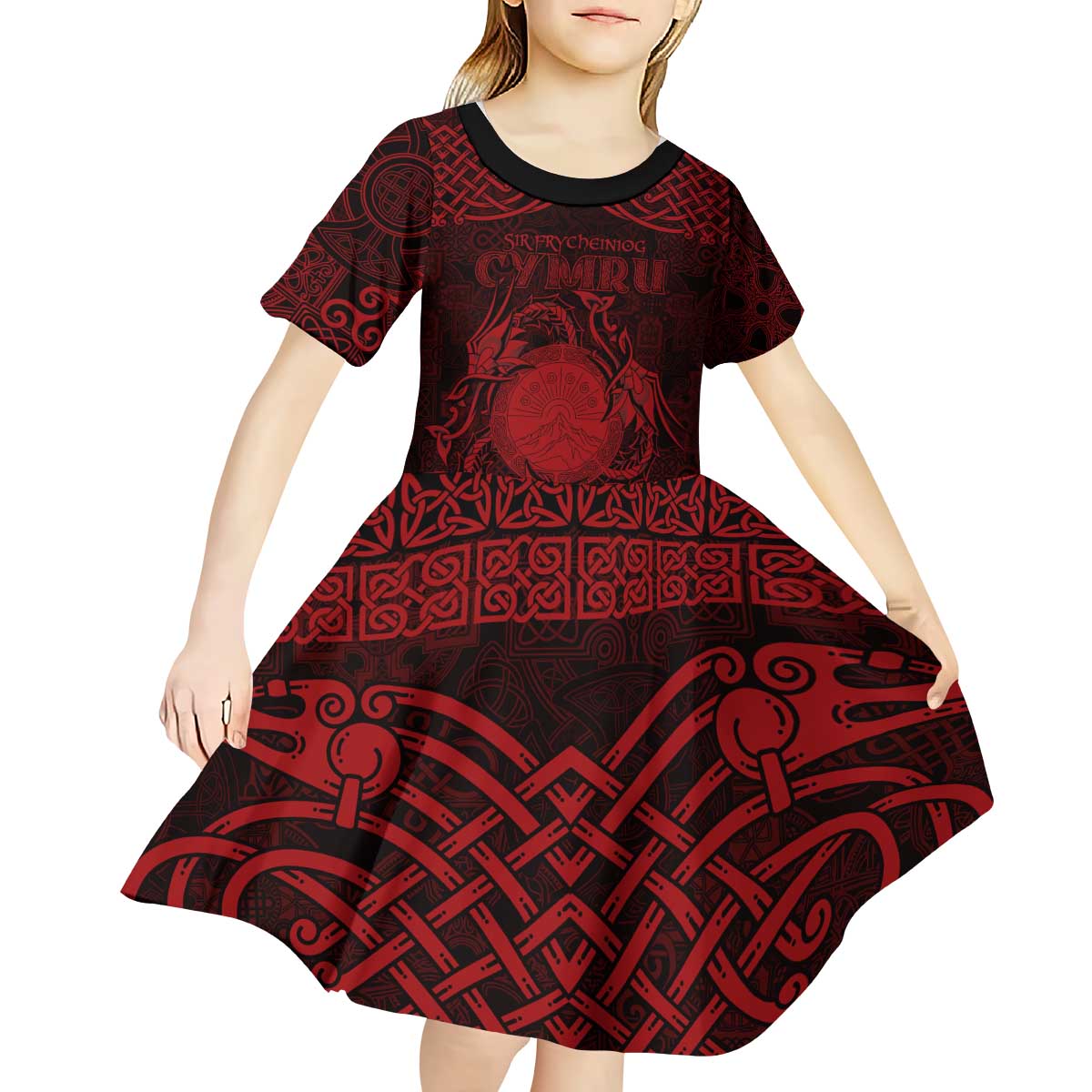 Personalized Brecknockshire Sir Frycheiniog Kid Short Sleeve Dress Red Brecon Beacons Mountain Celtic-inspired - Wonder Print Shop