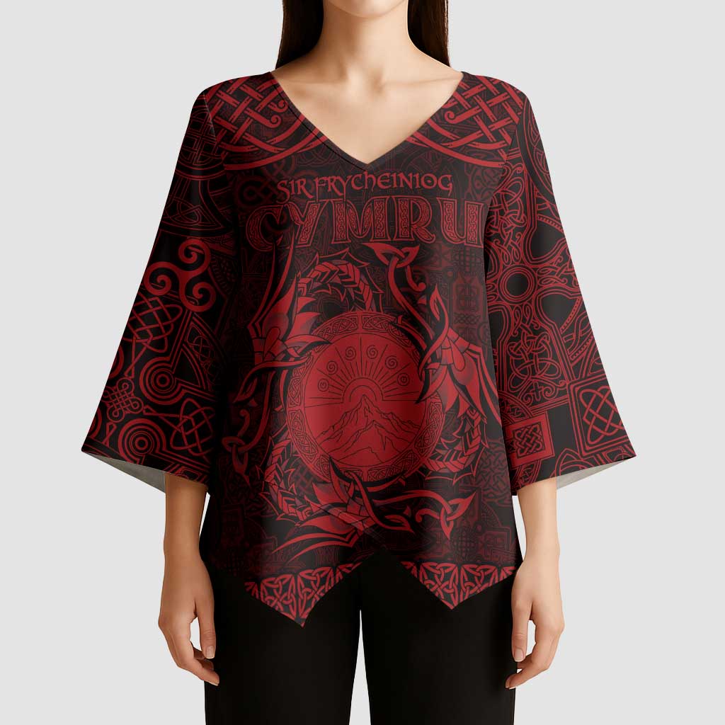 Personalized Brecknockshire Sir Frycheiniog Kimono Sleeve Blouse Red Brecon Beacons Mountain Celtic-inspired - Wonder Print Shop