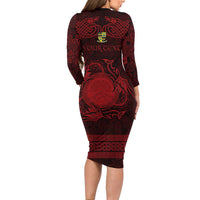 Personalized Brecknockshire Sir Frycheiniog Long Sleeve Bodycon Dress Red Brecon Beacons Mountain Celtic-inspired - Wonder Print Shop