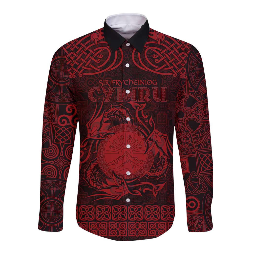 Personalized Brecknockshire Sir Frycheiniog Long Sleeve Button Shirt Red Brecon Beacons Mountain Celtic-inspired - Wonder Print Shop