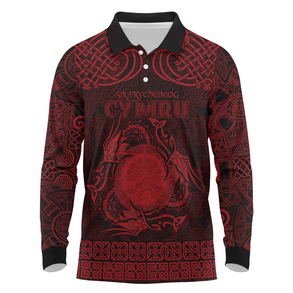 Personalized Brecknockshire Sir Frycheiniog Long Sleeve Polo Shirt Red Brecon Beacons Mountain Celtic-inspired - Wonder Print Shop
