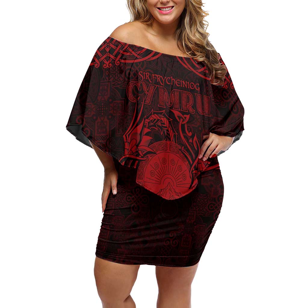 Personalized Brecknockshire Sir Frycheiniog Off Shoulder Short Dress Red Brecon Beacons Mountain Celtic-inspired - Wonder Print Shop