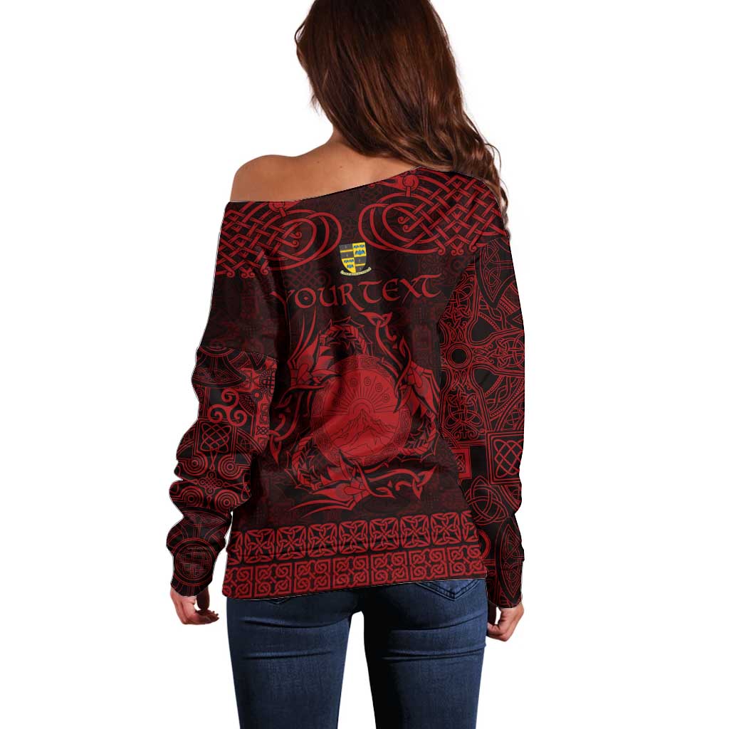 Personalized Brecknockshire Sir Frycheiniog Off Shoulder Sweater Red Brecon Beacons Mountain Celtic-inspired - Wonder Print Shop