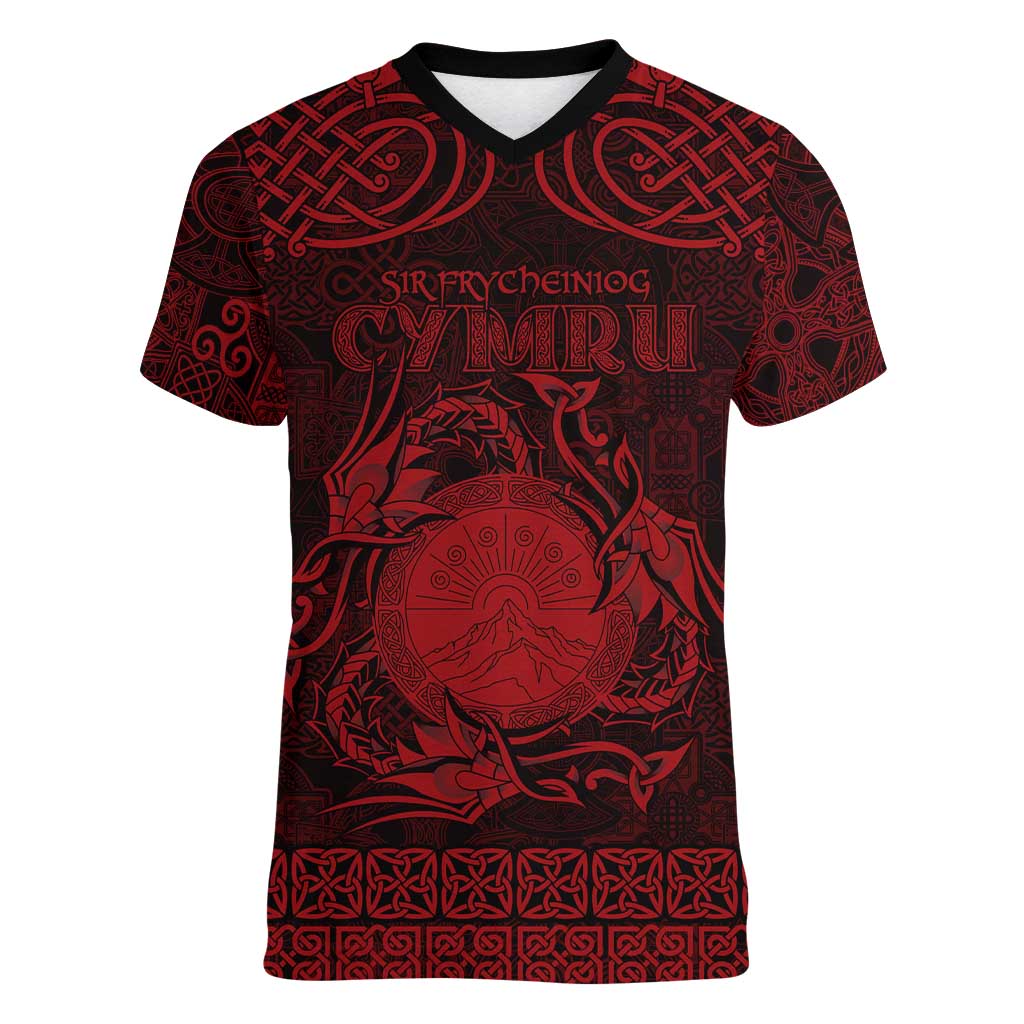 Personalized Brecknockshire Sir Frycheiniog Women V-Neck T-Shirt Red Brecon Beacons Mountain Celtic-inspired - Wonder Print Shop