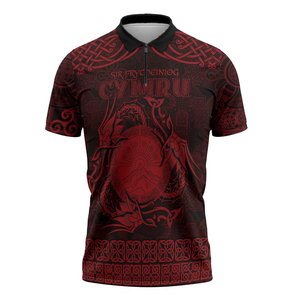 Personalized Brecknockshire Sir Frycheiniog Zipper Polo Shirt Red Brecon Beacons Mountain Celtic-inspired - Wonder Print Shop