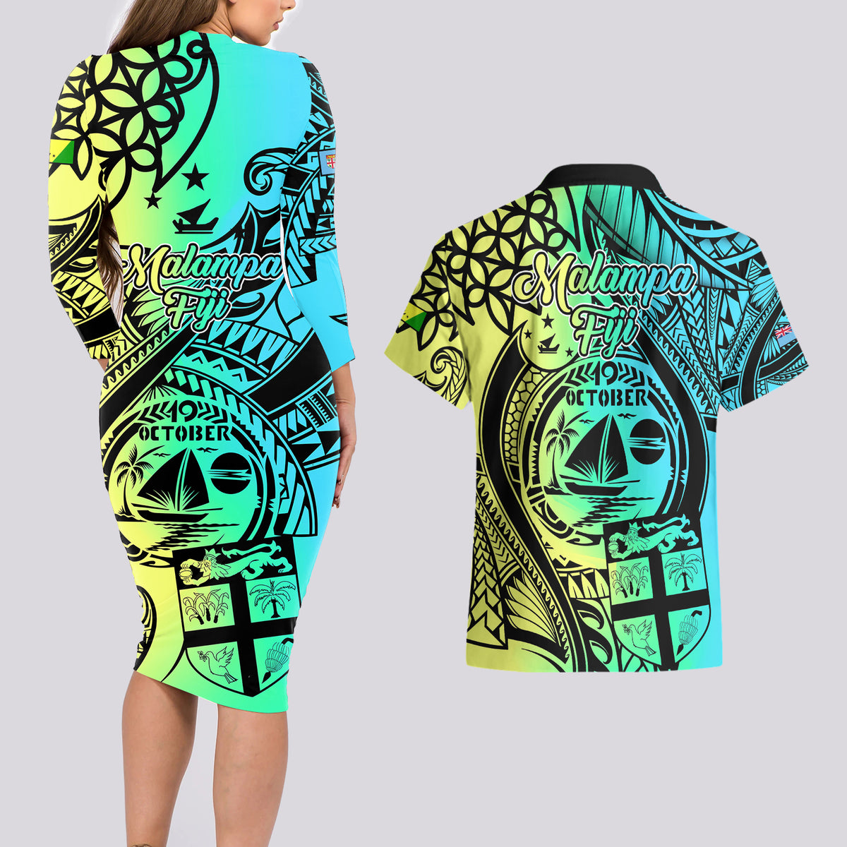 Malampa Fiji Day Couples Matching Long Sleeve Bodycon Dress and Hawaiian Shirt Vanuatu Sand Drawing With Polynesian Pattern LT9 - Wonder Print Shop
