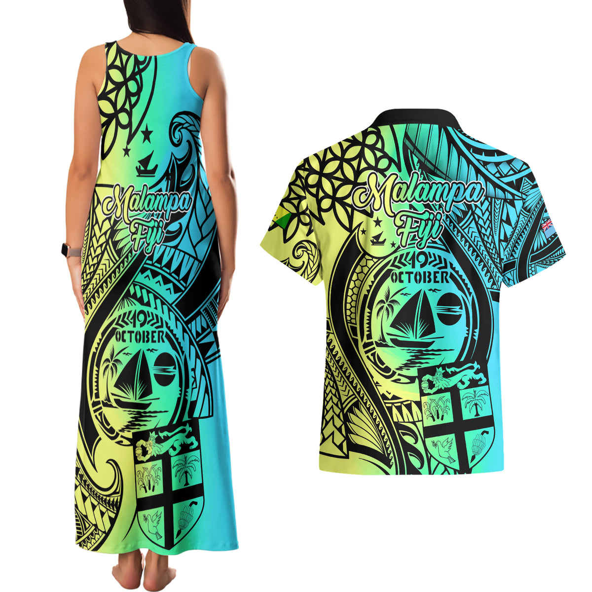 Malampa Fiji Day Couples Matching Tank Maxi Dress and Hawaiian Shirt Vanuatu Sand Drawing With Polynesian Pattern LT9 - Wonder Print Shop