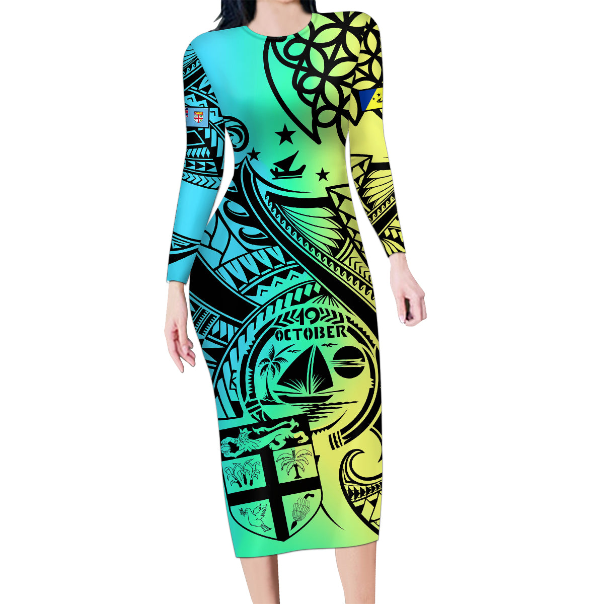 Malampa Fiji Day Family Matching Long Sleeve Bodycon Dress and Hawaiian Shirt Vanuatu Sand Drawing With Polynesian Pattern LT9 - Wonder Print Shop