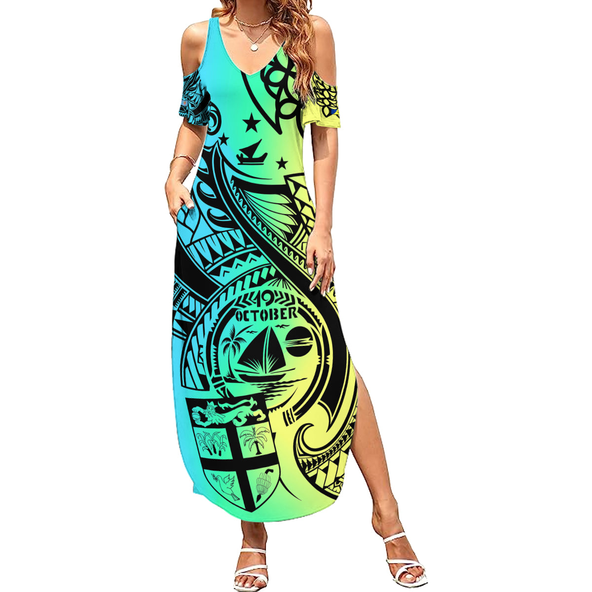 Malampa Fiji Day Family Matching Summer Maxi Dress and Hawaiian Shirt Vanuatu Sand Drawing With Polynesian Pattern - Wonder Print Shop