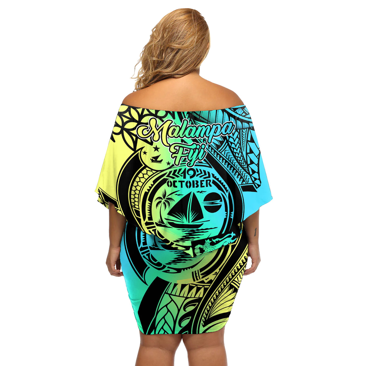 Malampa Fiji Day Off Shoulder Short Dress Vanuatu Sand Drawing With Polynesian Pattern - Wonder Print Shop