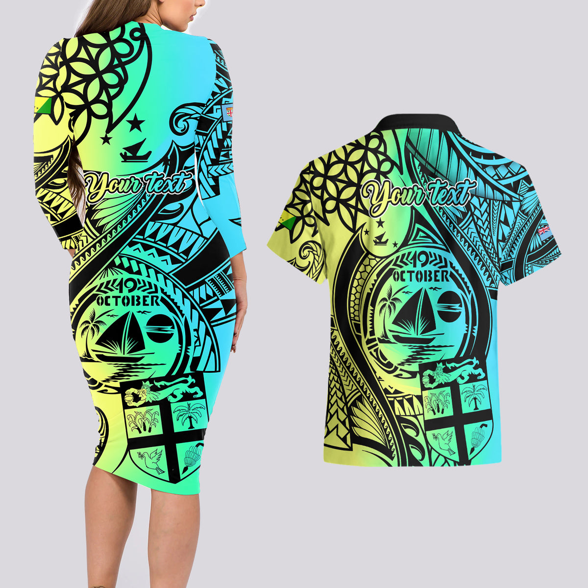 Personalised Malampa Fiji Day Couples Matching Long Sleeve Bodycon Dress and Hawaiian Shirt Vanuatu Sand Drawing With Polynesian Pattern LT9 - Wonder Print Shop