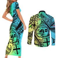 Personalised Malampa Fiji Day Couples Matching Short Sleeve Bodycon Dress and Long Sleeve Button Shirts Vanuatu Sand Drawing With Polynesian Pattern LT9 - Wonder Print Shop