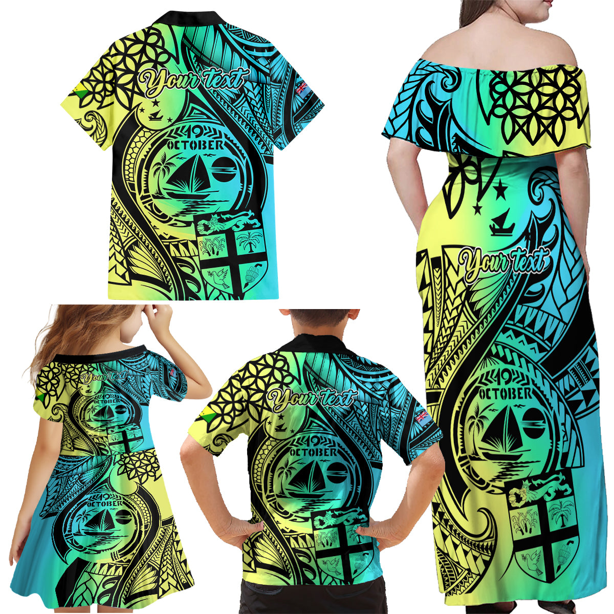 Personalised Malampa Fiji Day Family Matching Off Shoulder Maxi Dress and Hawaiian Shirt Vanuatu Sand Drawing With Polynesian Pattern LT9 - Wonder Print Shop