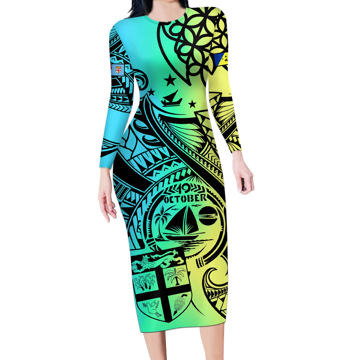 Personalised Malampa Fiji Day Long Sleeve Bodycon Dress Vanuatu Sand Drawing With Polynesian Pattern - Wonder Print Shop