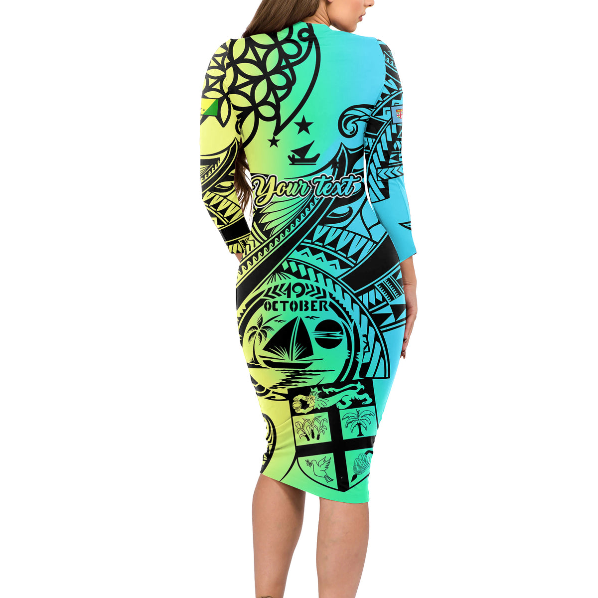 Personalised Malampa Fiji Day Long Sleeve Bodycon Dress Vanuatu Sand Drawing With Polynesian Pattern - Wonder Print Shop