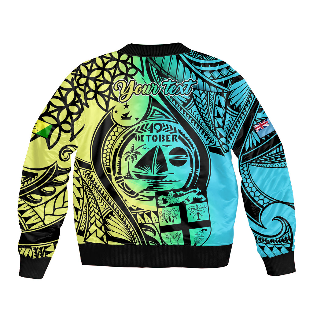 Personalised Malampa Fiji Day Sleeve Zip Bomber Jacket Vanuatu Sand Drawing With Polynesian Pattern - Wonder Print Shop