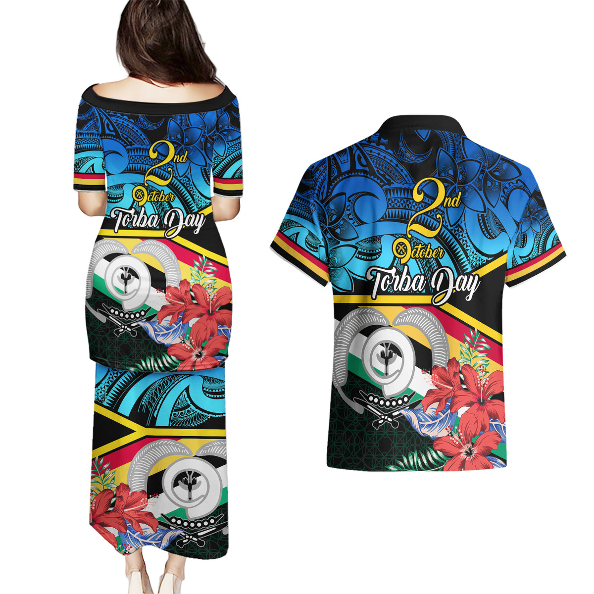 Torba Vanuatu Couples Matching Puletasi Dress and Hawaiian Shirt Sand Drawing With Polynesian Pattern LT9 - Wonder Print Shop