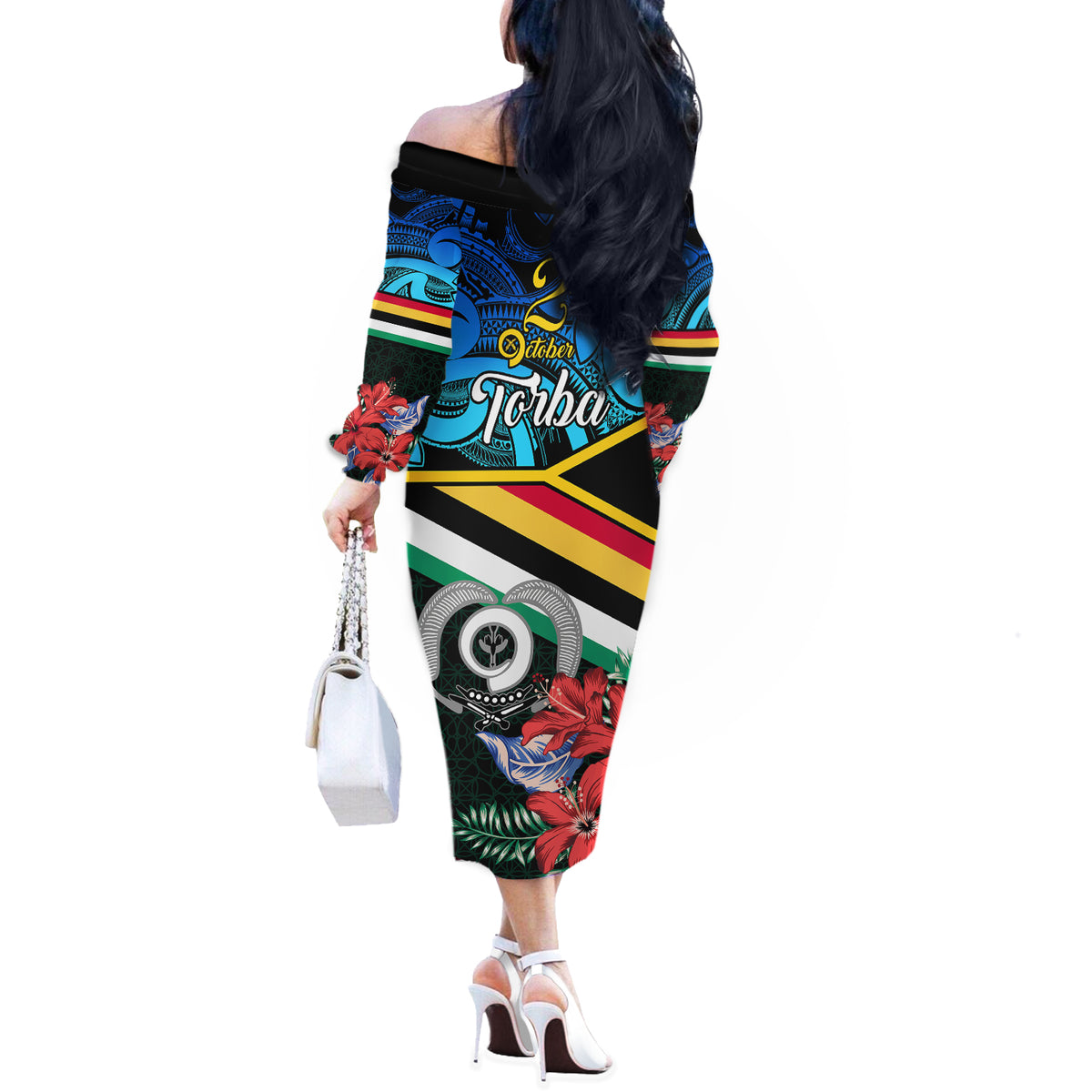 Torba Vanuatu Off The Shoulder Long Sleeve Dress Sand Drawing With Polynesian Pattern - Wonder Print Shop