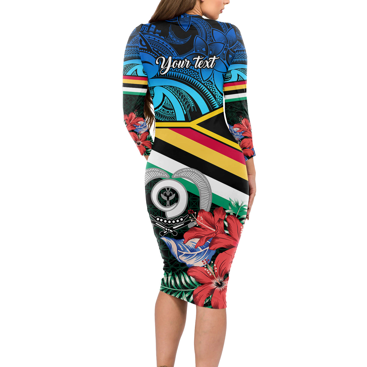 Personalised Torba Vanuatu Long Sleeve Bodycon Dress Sand Drawing With Polynesian Pattern - Wonder Print Shop