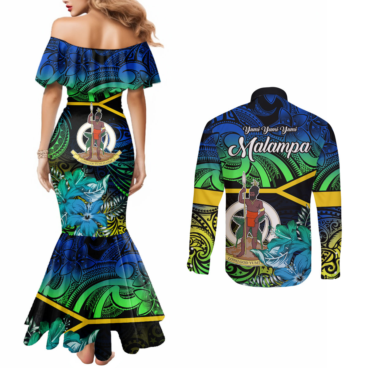 malampa-day-couples-matching-mermaid-dress-and-long-sleeve-button-shirts-vanuatu-flowers-with-malampa-emblem-tribal-pattern