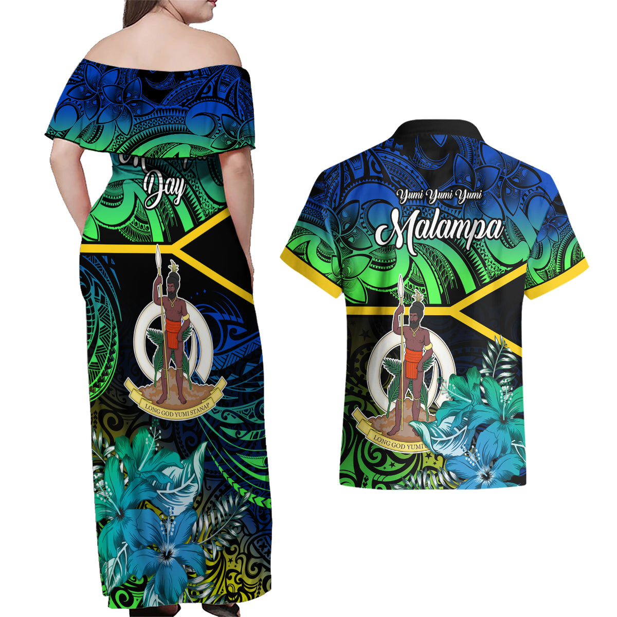 Malampa Day Couples Matching Off Shoulder Maxi Dress and Hawaiian Shirt Vanuatu Flowers with Malampa Emblem Tribal Pattern LT9 - Wonder Print Shop