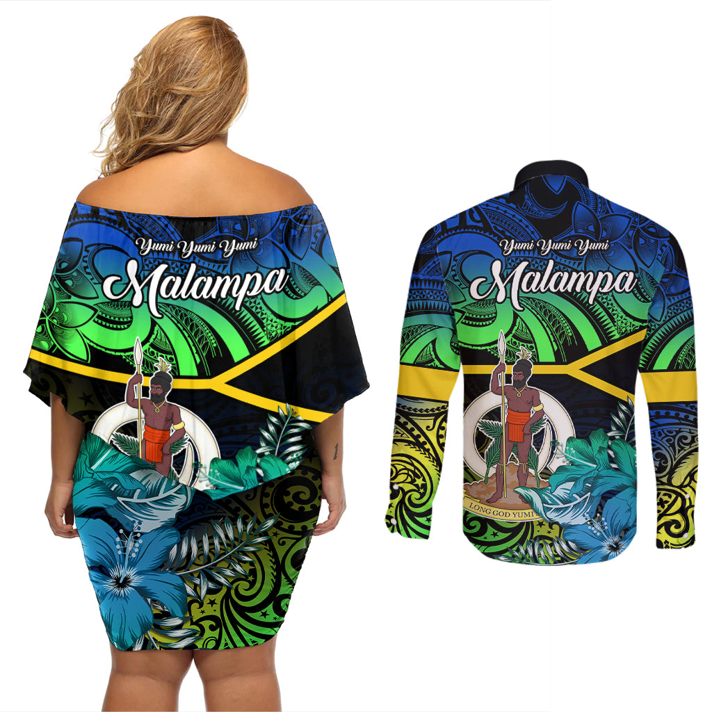 Malampa Day Couples Matching Off Shoulder Short Dress and Long Sleeve Button Shirts Vanuatu Flowers with Malampa Emblem Tribal Pattern LT9 - Wonder Print Shop