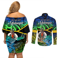 Malampa Day Couples Matching Off Shoulder Short Dress and Long Sleeve Button Shirts Vanuatu Flowers with Malampa Emblem Tribal Pattern LT9 - Wonder Print Shop
