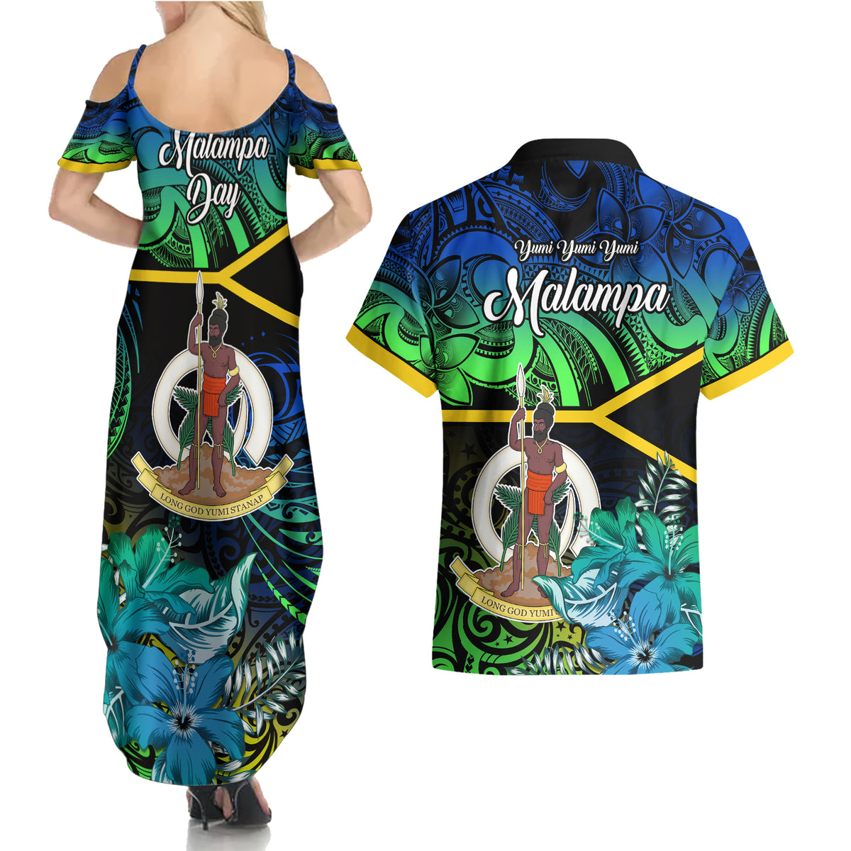 Malampa Day Couples Matching Summer Maxi Dress and Hawaiian Shirt Vanuatu Flowers with Malampa Emblem Tribal Pattern LT9 - Wonder Print Shop