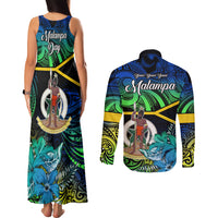 Malampa Day Couples Matching Tank Maxi Dress and Long Sleeve Button Shirts Vanuatu Flowers with Malampa Emblem Tribal Pattern LT9 - Wonder Print Shop