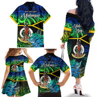 Malampa Day Family Matching Off Shoulder Long Sleeve Dress and Hawaiian Shirt Vanuatu Flowers with Malampa Emblem Tribal Pattern - Wonder Print Shop