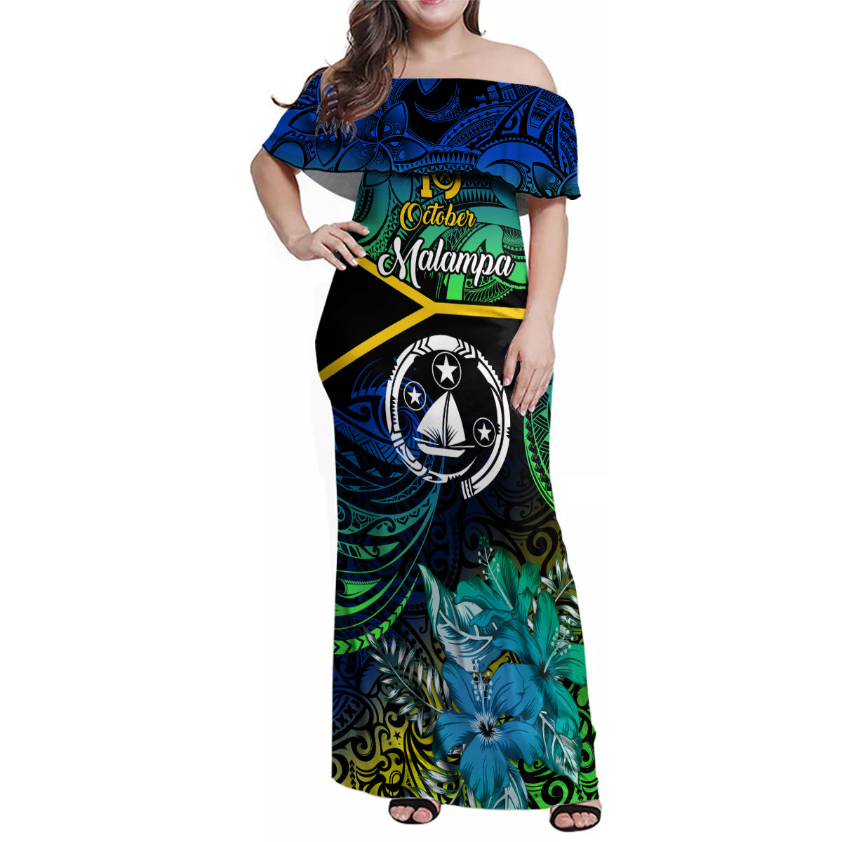 Malampa Day Family Matching Off Shoulder Maxi Dress and Hawaiian Shirt Vanuatu Flowers with Malampa Emblem Tribal Pattern LT9 - Wonder Print Shop