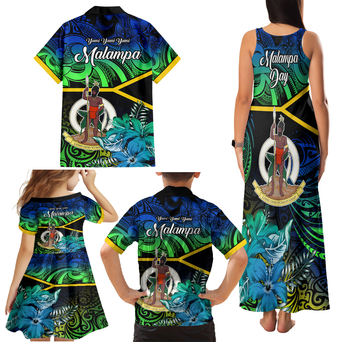 Malampa Day Family Matching Tank Maxi Dress and Hawaiian Shirt Vanuatu Flowers with Malampa Emblem Tribal Pattern - Wonder Print Shop