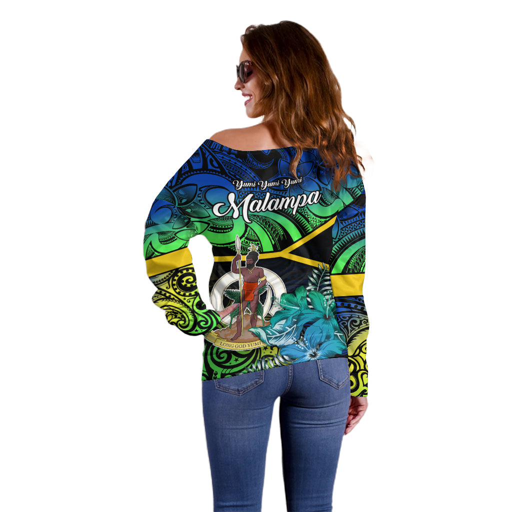 Malampa Day Off Shoulder Sweater Vanuatu Flowers with Malampa Emblem Tribal Pattern - Wonder Print Shop