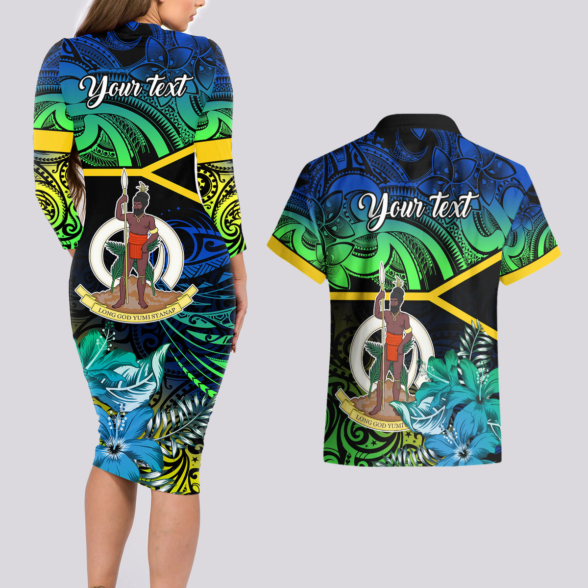 Personalised Malampa Day Couples Matching Long Sleeve Bodycon Dress and Hawaiian Shirt Vanuatu Flowers with Malampa Emblem Tribal Pattern LT9 - Wonder Print Shop