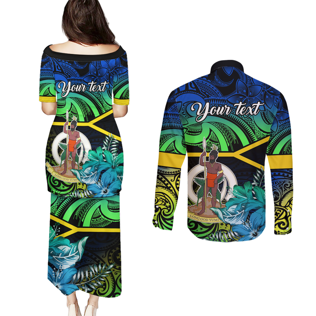 Personalised Malampa Day Couples Matching Puletasi Dress and Long Sleeve Button Shirts Vanuatu Flowers with Malampa Emblem Tribal Pattern LT9 - Wonder Print Shop