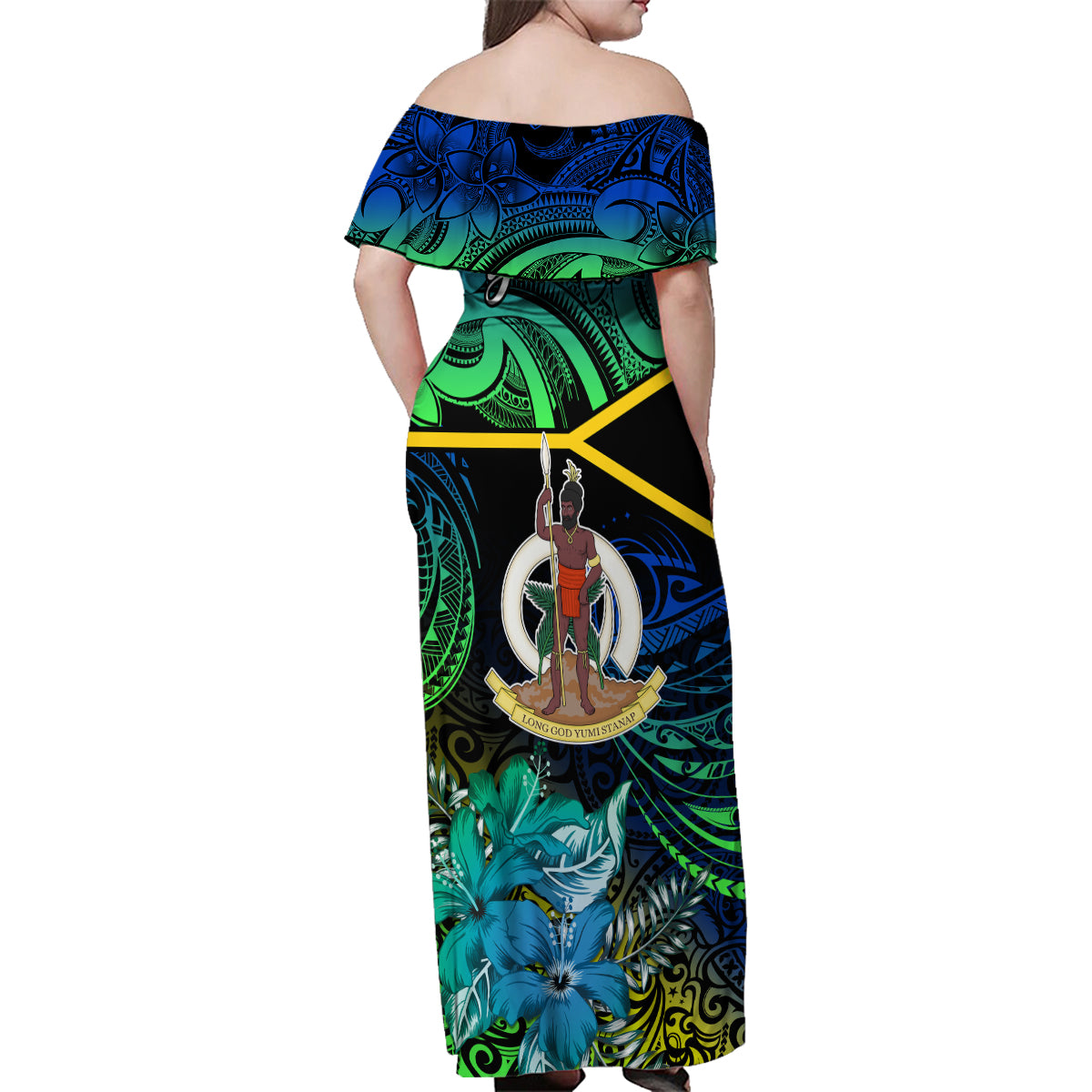 Personalised Malampa Day Family Matching Off Shoulder Maxi Dress and Hawaiian Shirt Vanuatu Flowers with Malampa Emblem Tribal Pattern LT9 - Wonder Print Shop