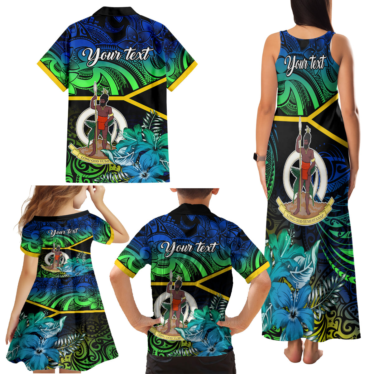 Personalised Malampa Day Family Matching Tank Maxi Dress and Hawaiian Shirt Vanuatu Flowers with Malampa Emblem Tribal Pattern - Wonder Print Shop